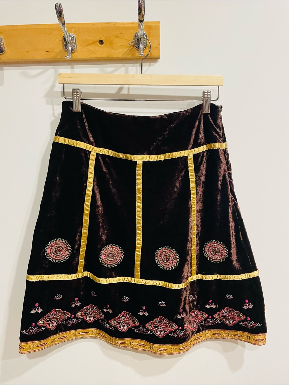 Embroidered Velvet Mini Skirt in Dark Brown with Pink Accents